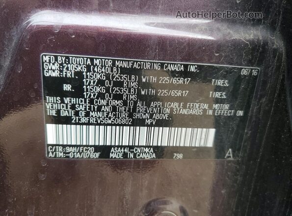 2T3RFREV5GW506802 2016 TOYOTA LE Бордовый Панорамный вид салона 360°