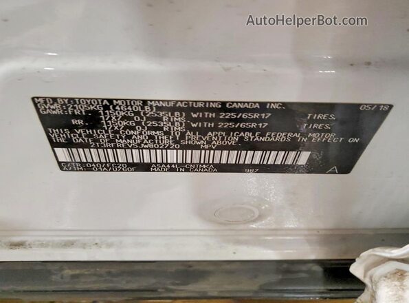 2T3RFREV5JW802720 2018 TOYOTA RAV4 Белый Вид наклейки с VIN-кодом
