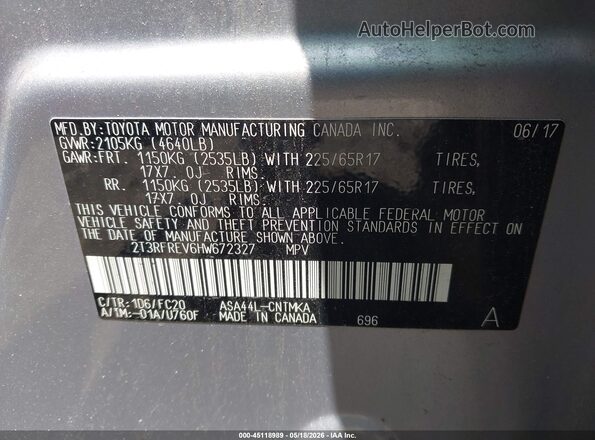 2T3RFREV6HW672327 2017 TOYOTA RAV4 Silver Շարժիչի բաժամունքի տեսք