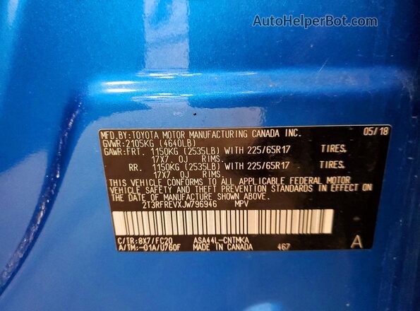 2T3RFREVXJW796946 2018 TOYOTA RAV4 Blue Vista de la etiqueta del VIN