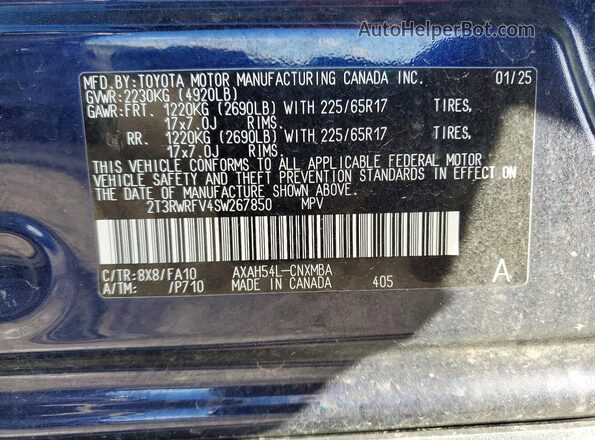 2T3RWRFV4SW267850 2025 TOYOTA RAV4 Blue VIN კოდის სტიკერის ხედი