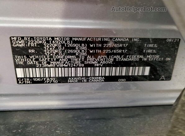 2T3RWRFV8MW124788 2021 TOYOTA LE Серебряный Вид наклейки с VIN-кодом