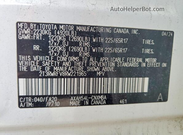 2T3RWRFV8RW221965 2024 TOYOTA RAV4 Белый Вид наклейки с VIN-кодом