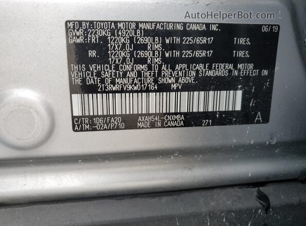 2T3RWRFV9KW017164 2019 TOYOTA RAV4 Серебряный Вид наклейки с VIN-кодом