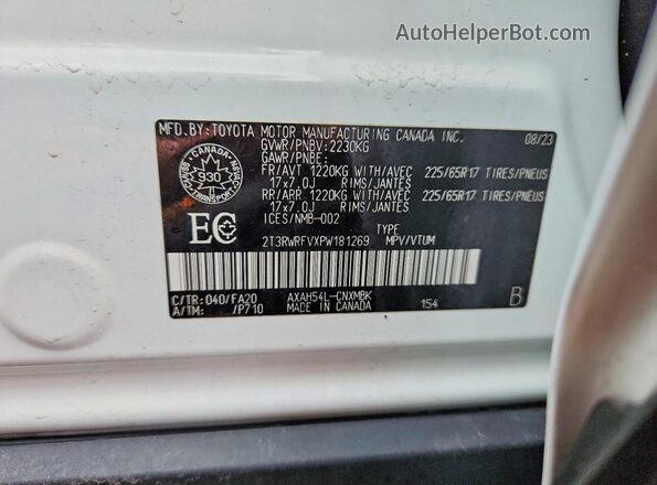 2T3RWRFVXPW181269 2023 TOYOTA RAV4 White Вид наклейки з VIN-кодом