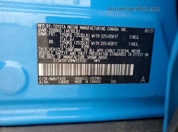 2T3W1RFV0MW133597 2021 TOYOTA RAV4 Blue Vista de la etiqueta del VIN