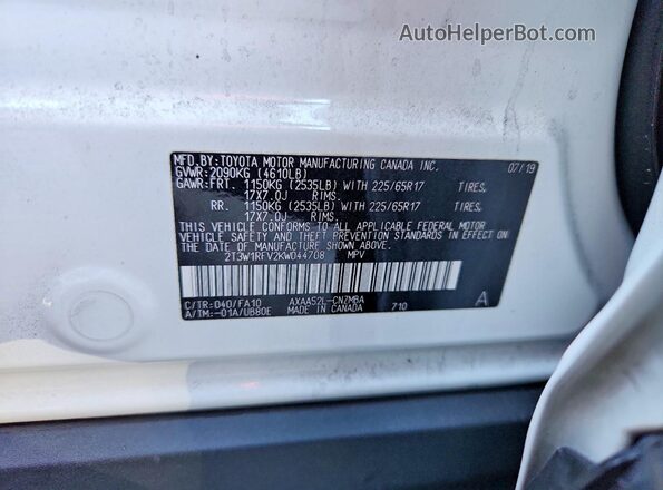 2T3W1RFV2KW044708 2019 TOYOTA RAV4 White Вид підкапотного простору