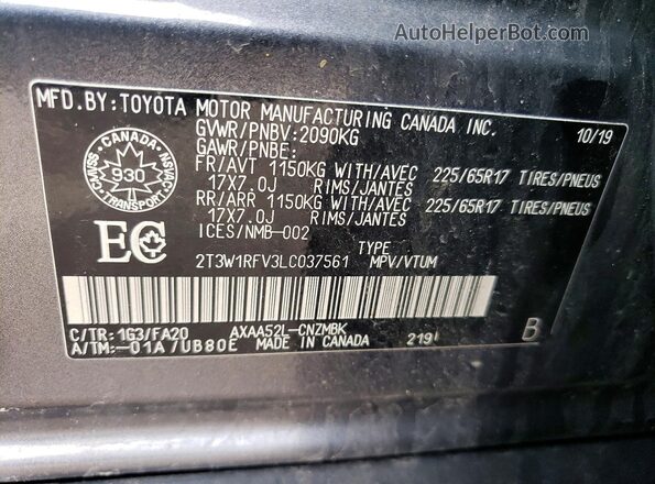 2T3W1RFV3LC037561 2020 TOYOTA RAV4 Серебряный Вид наклейки с VIN-кодом