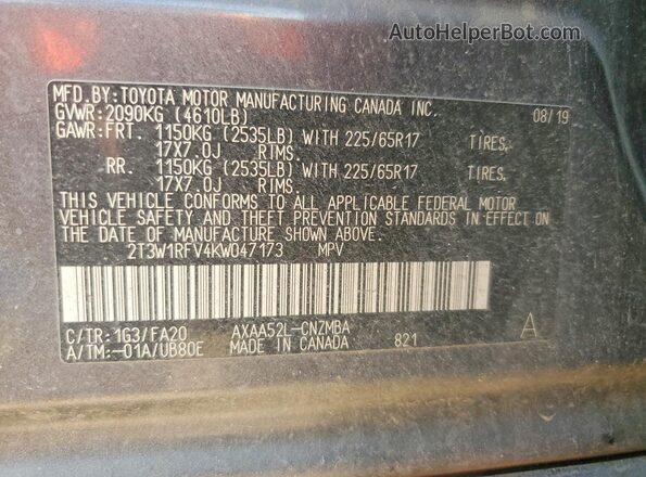2T3W1RFV4KW047173 2019 TOYOTA RAV4 Gray Vista de la etiqueta del VIN