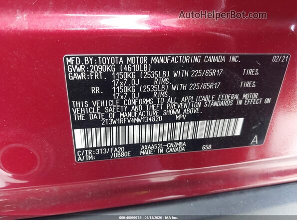 2T3W1RFV4MW134820 2021 TOYOTA LE Red Вид підкапотного простору