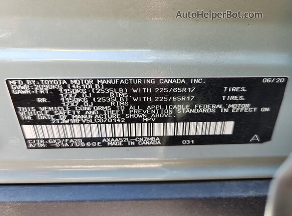 2T3W1RFV5LC070142 2020 TOYOTA RAV4 Серебряный Вид наклейки с VIN-кодом