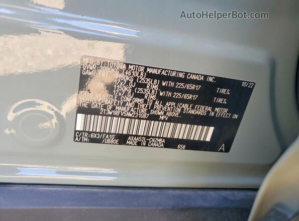 2T3W1RFV5NW231087 2022 TOYOTA RAV4 Gray Widok naklejki z numerem VIN