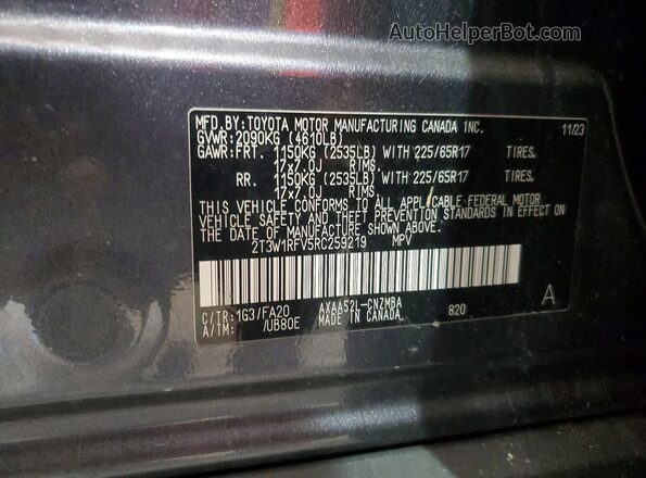 2T3W1RFV5RC259219 2024 TOYOTA RAV4 Gray Widok naklejki z numerem VIN