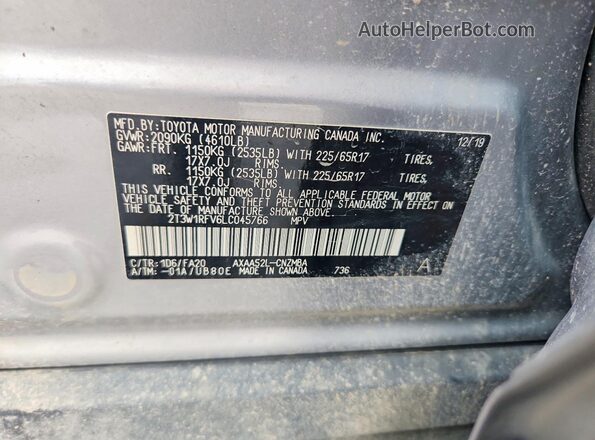 2T3W1RFV6LC045766 2020 TOYOTA RAV4 Silver VIN sticker view