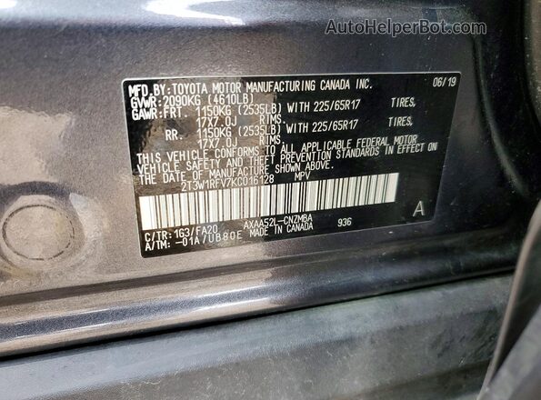 2T3W1RFV7KC016128 2019 TOYOTA RAV4 Gray 360 interior view