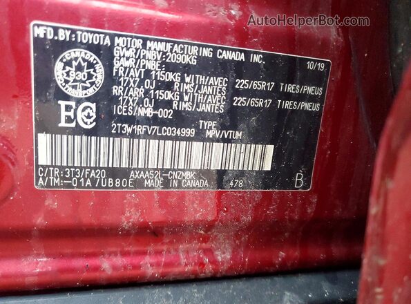 2T3W1RFV7LC034999 2020 TOYOTA RAV4 Красный Вид наклейки с VIN-кодом