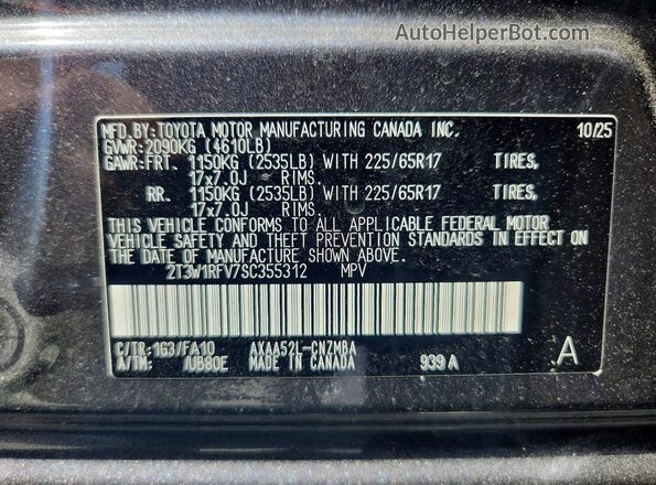 2T3W1RFV7SC355312 2025 TOYOTA LE Угольный Вид наклейки с VIN-кодом