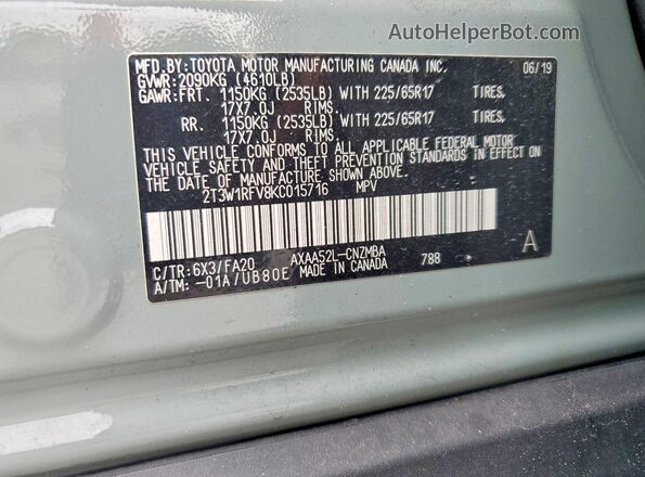 2T3W1RFV8KC015716 2019 TOYOTA RAV4 Серый Вид наклейки с VIN-кодом