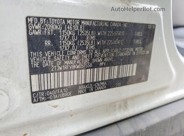 2T3W1RFV8KW057558 2019 TOYOTA RAV4 Белый Панорамный вид салона 360°