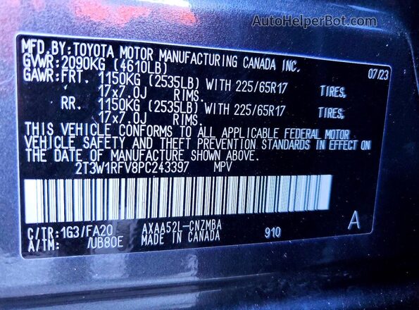 2T3W1RFV8PC243397 2023 TOYOTA RAV4 Gray Вид наклейки з VIN-кодом