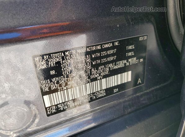 2T3W1RFV9LC062075 2020 TOYOTA LE Gray Вид наклейки з VIN-кодом
