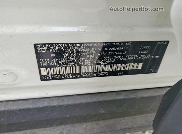 2T3W1RFV9LC081080 2020 TOYOTA LE White Widok naklejki z numerem VIN