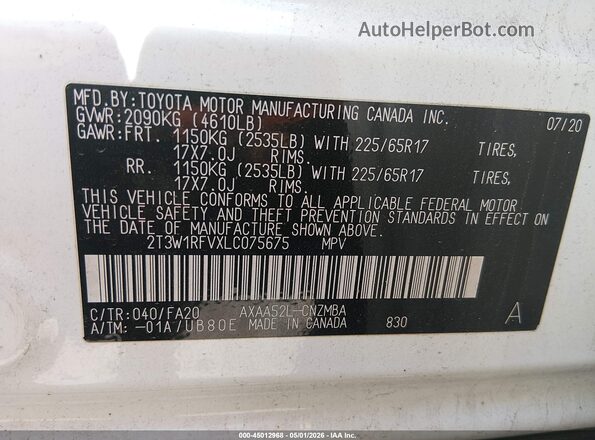2T3W1RFVXLC075675 2020 TOYOTA LE Белый Вид подкапотного пространства