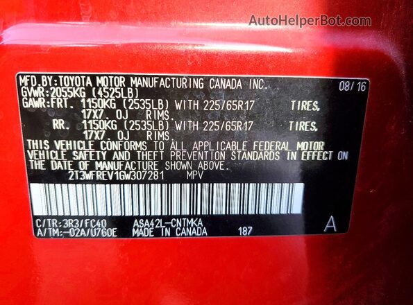 2T3WFREV1GW307281 2016 TOYOTA RAV4 Red Вид наклейки з VIN-кодом