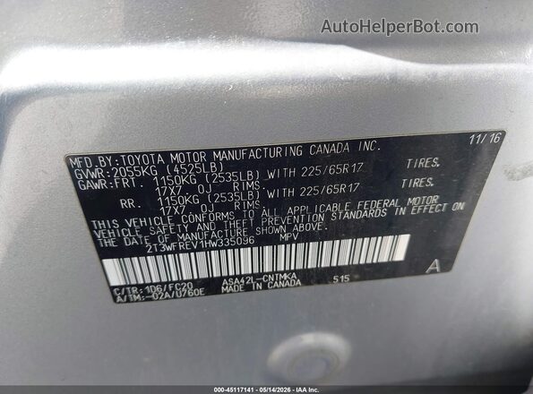 2T3WFREV1HW335096 2017 TOYOTA RAV4 Silver Vista del compartimento del motor