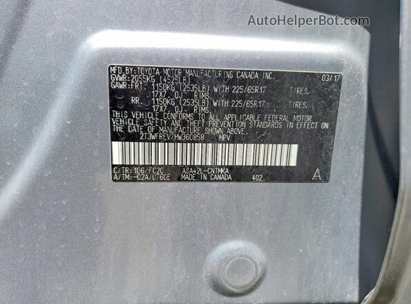 2T3WFREV7HW360858 2017 TOYOTA RAV4 Silver VIN sticker view