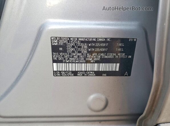 2T3WFREV8JW438666 2018 TOYOTA RAV4 Silver Widok naklejki z numerem VIN