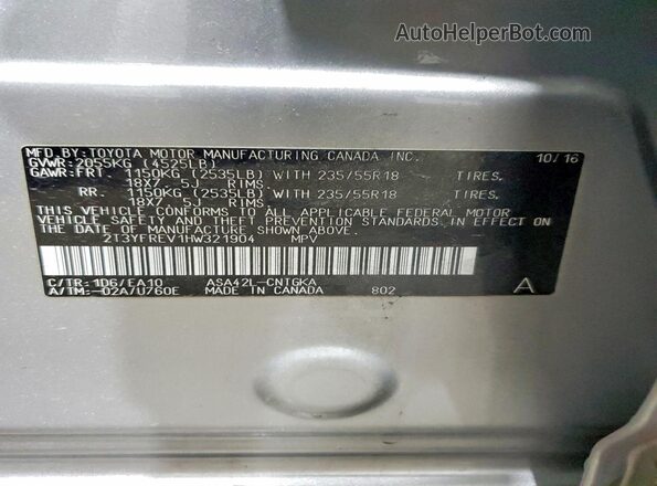 2T3YFREV1HW321904 2017 TOYOTA RAV4 Silver Widok wnętrza 360 stopni
