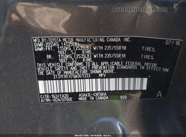 2T3YFREV7GW301333 2016 TOYOTA RAV4 Gray Vista del compartimento del motor