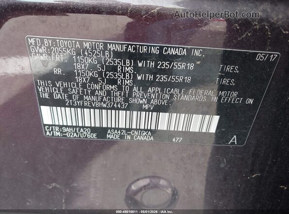 2T3YFREV8HW374437 2017 TOYOTA RAV4 Purple Widok komory silnika