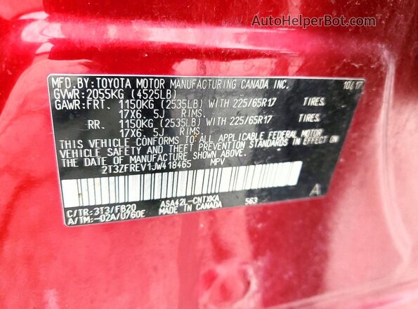 2T3ZFREV1JW418465 2018 TOYOTA RAV4 Red Widok wnętrza 360 stopni