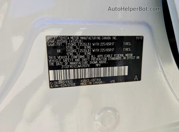2T3ZFREV2JW429376 2018 TOYOTA RAV4 White VIN կոդի պիտակի տեսք