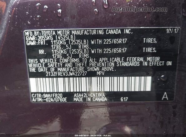 2T3ZFREV3JW422727 2018 TOYOTA RAV4 Purple Շարժիչի բաժամունքի տեսք