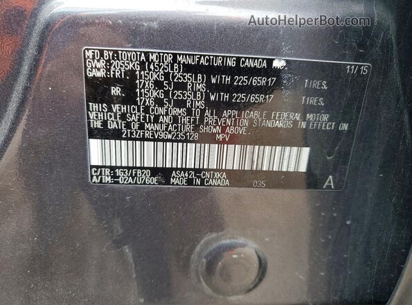 2T3ZFREV9GW235128 2016 TOYOTA RAV4 Gray Vista de la etiqueta del VIN
