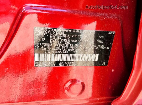 2T3ZFREV9JW478283 2018 TOYOTA RAV4 Бордовый Вид наклейки с VIN-кодом