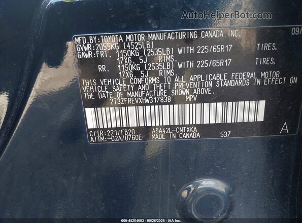 2T3ZFREVXHW317838 2017 TOYOTA RAV4 Blue Engine compartment view