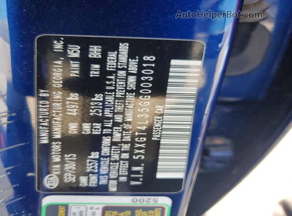 5XXGT4L35GG003018 2016 KIA OPTIMA Синий Вид наклейки с VIN-кодом