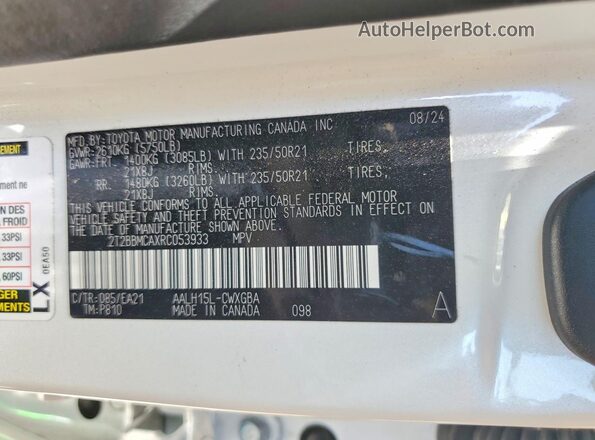 2T2BBMCAXRC053933 2024 LEXUS RX Белый Панорамный вид салона 360°