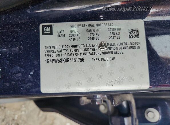 1G4PW5SK4G4181756 2016 BUICK VERANO Синий Вид наклейки с VIN-кодом