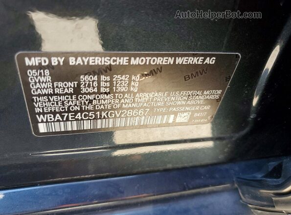 WBA7E4C51KGV28667 2019 BMW 7 SERIES Gray Widok naklejki z numerem VIN