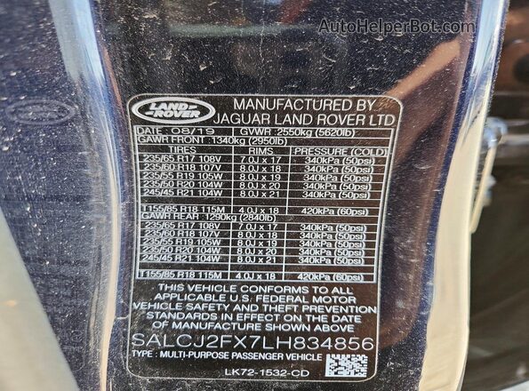 SALCJ2FX7LH834856 2020 LAND ROVER DISCOVERY Black Vista interior de 360 grados