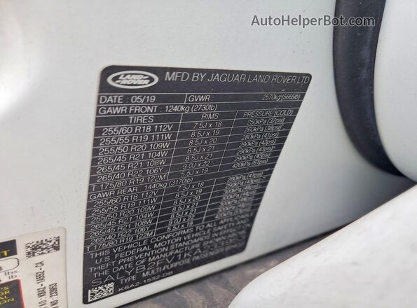 SALYB2FV1KA233953 2019 LAND ROVER RANGE White 360 interior view