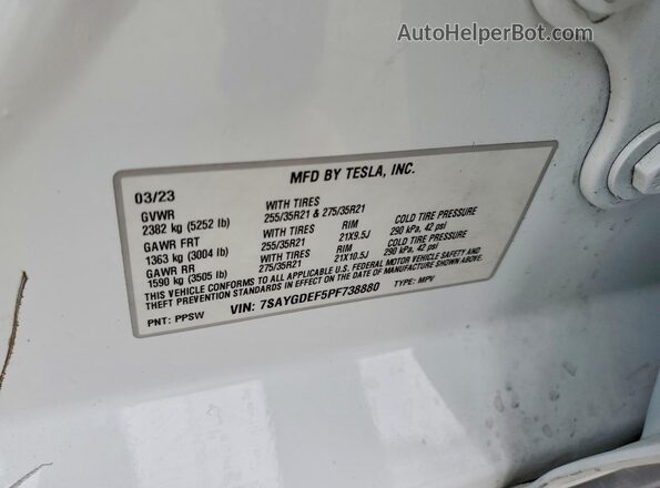 7SAYGDEF5PF738880 2023 TESLA MODEL White Vista interior de 360 grados
