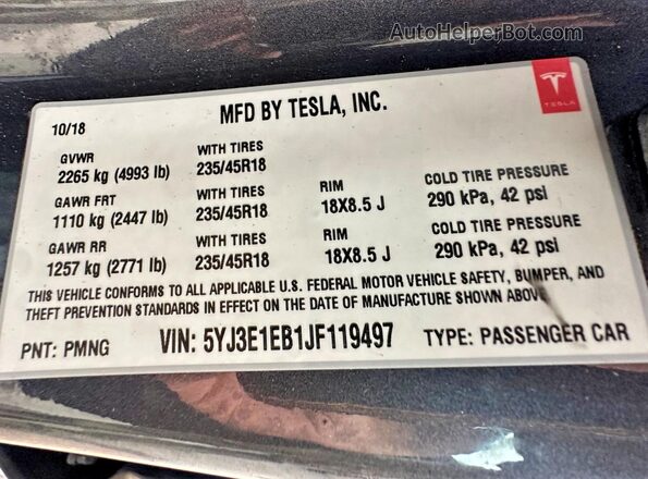 5YJ3E1EB1JF119497 2018 TESLA MODEL Серый Вид задней части салона