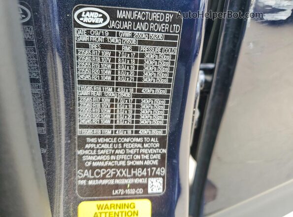SALCP2FXXLH841749 2020 LAND ROVER DISCOVERY Синий Вид наклейки с VIN-кодом