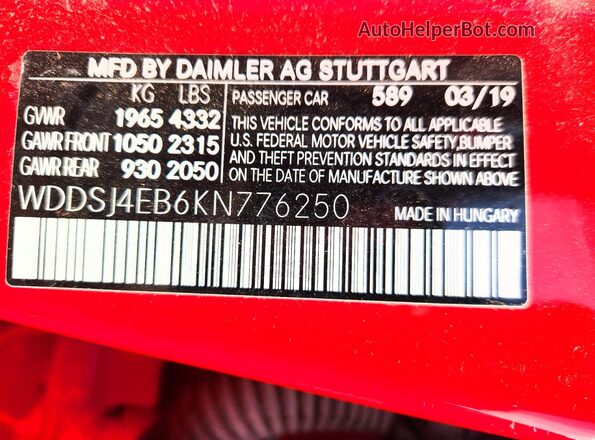 WDDSJ4EB6KN776250 2019 MERCEDES-BENZ CLA-CLASS Red VIN կոդի պիտակի տեսք